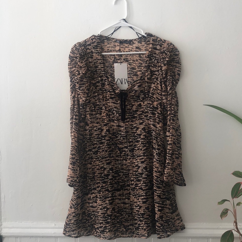 Zara, XS Black and Tan Pattern Dress, New!